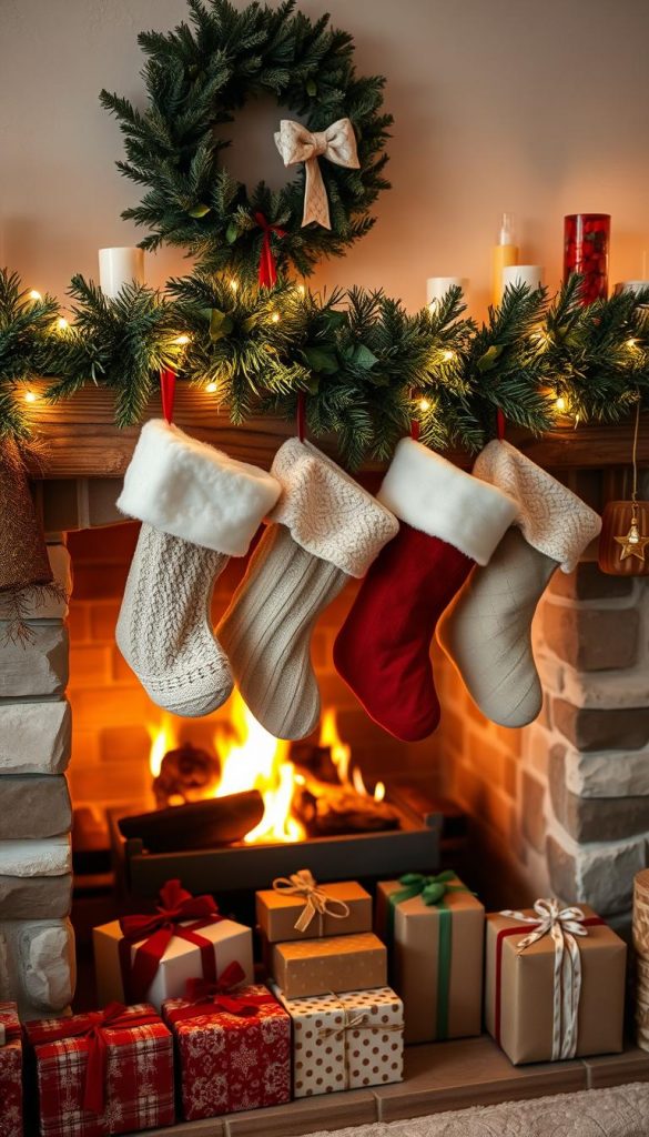 Cozy Christmas stockings hanging on a rustic fireplace mantel, adorned with twinkling lights and lush evergreen garlands. Festive gifts of various shapes and sizes nestle beneath, radiating a warm, inviting ambiance. Soft, muted tones evoke a sense of hygge, complemented by the flickering glow of the fireplace. A KlickKiste style, natural and authentic, capturing the essence of a winter wonderland.