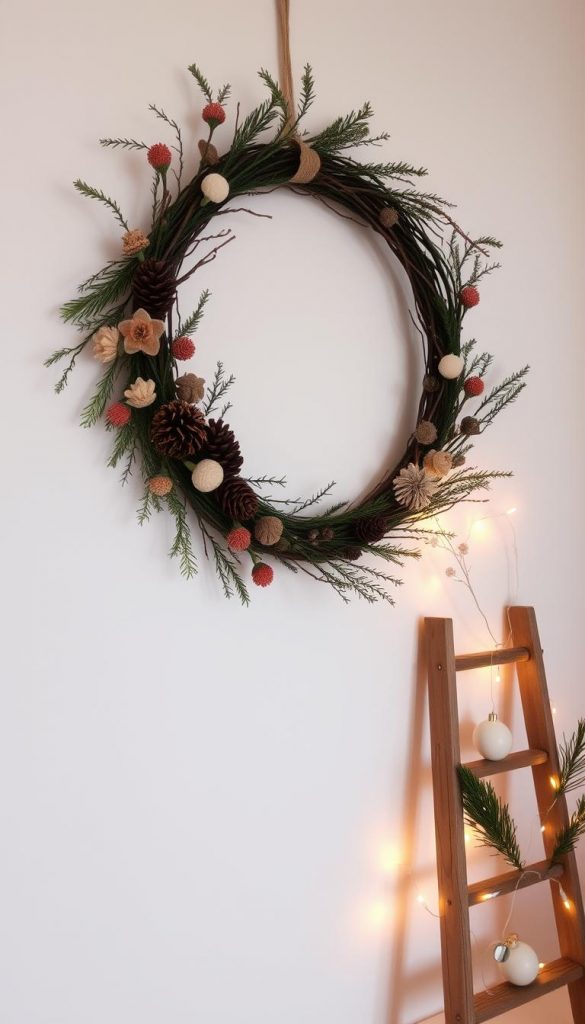 Cozy Christmas wall decor with natural, handmade elements. A rustic wreath made of pine branches, pinecones, and dried flowers, hanging on a plain white wall. Nearby, a small wooden ladder with simple, minimalist ornaments and a string of fairy lights. Soft, warm lighting creates a peaceful, inviting atmosphere. The scene captures the essence of a cozy, family-friendly holiday setting, perfect for small spaces.