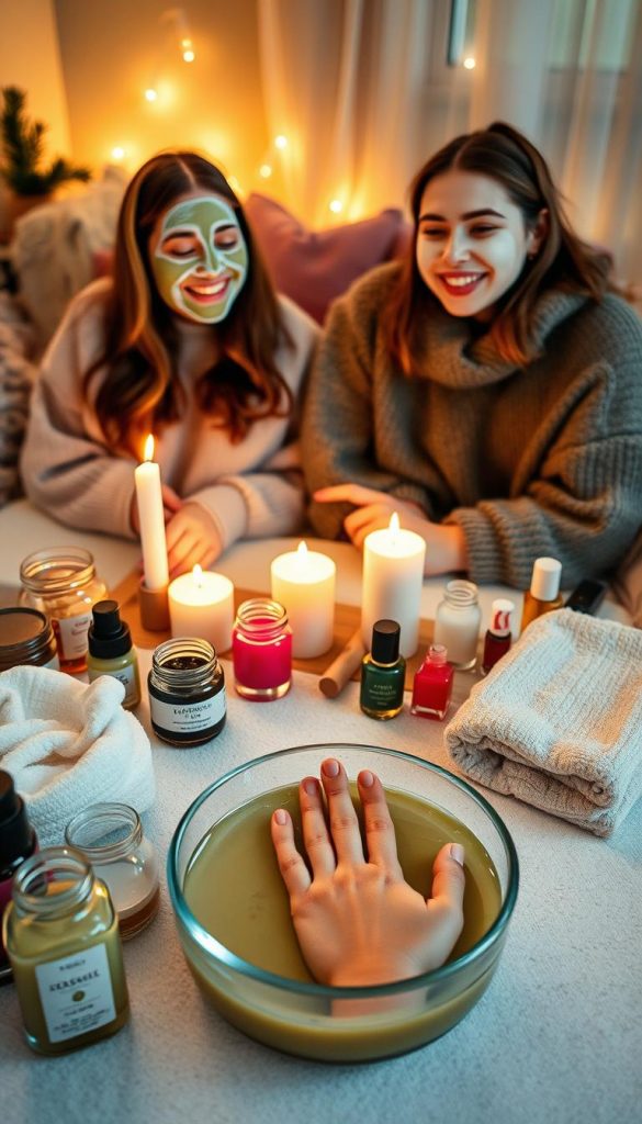 Cozy DIY spa scene inspired by "KlickKiste," showcasing warm winter vibes. In the foreground, a beautifully arranged table features natural skincare masks in various jars, fluffy towels, and candles flickering softly. A well-cared-for hand soaking in a bowl of essential oils sits next to colorful nail polishes and tools. In the middle ground, two young women wearing modest casual clothing apply face masks, smiling and laughing, embodying a fun girls' night. The background contains soft, ambient lighting with cozy blankets, a hint of evergreen decor, and a softly lit window creating an inviting atmosphere. The overall mood is warm, friendly, and relaxing, perfect for a retreat at home.