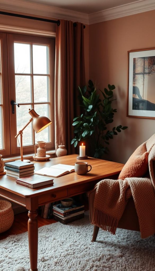 Cozy KlickKiste home office in warm autumn tones. A large, inviting wooden desk with a handmade ceramic mug, a copper lamp, and a stack of vintage books. A soft wool blanket draped over a comfortable armchair, a flickering candle, and a lush potted plant in the corner. Natural light streams in through a large window, casting a gentle glow. Textured throw pillows, a plush rug, and a framed nature print on the wall create a hygge atmosphere. A sense of tranquility and focus permeates the scene.
