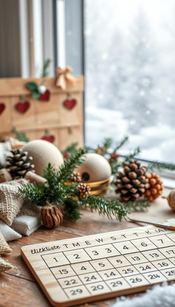 Cozy advent calendar preparation scene with natural materials and warm tones. A stylized wooden time plan in the foreground, with handwritten notes and a KlickKiste logo. In the middle ground, a collection of festive greenery, pine cones, and rustic elements. The background features a soft, hazy winter landscape with a gentle snowfall, conveying a peaceful, serene mood. Soft, diffused lighting creates a dreamlike, atmospheric feel. Capture the essence of DIY, handcrafted charm and the anticipation of the holiday season.