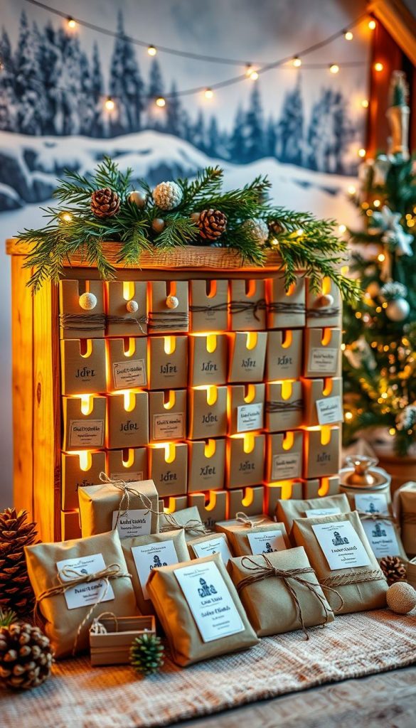Cozy advent calendar with natural, handcrafted elements and warm winter tones. Rustic wooden structure adorned with greenery, pinecones, and a touch of whimsical charm. Soft lighting casts a gentle glow, creating an inviting, Pinterest-inspired ambiance. In the foreground, an assortment of artisanal, sustainable gifts from KlickKiste, each one a delightful surprise. The middle ground features a snowy landscape, hinting at the season's enchantment. The background showcases a cozy, cabin-like setting, complete with twinkling string lights and a sense of hygge. This advent calendar radiates a sense of joy, simplicity, and the spirit of the holidays.