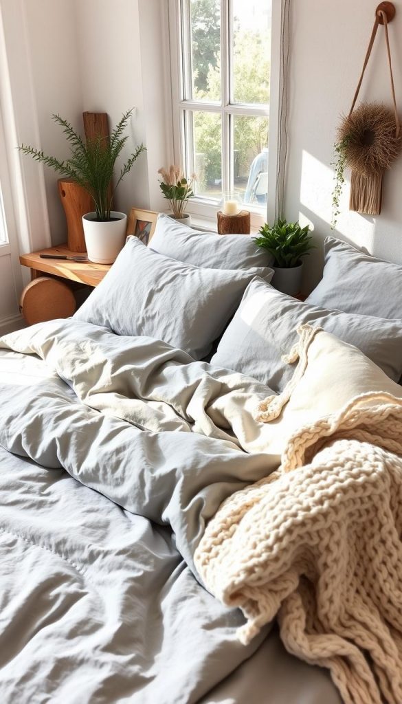 Cozy and inviting bedroom scene with a plush, layered bedding display. Soft gray linen sheets and pillows, complemented by a textured white duvet and warm knitted blanket. Afternoon sunlight filters through the window, casting a gentle glow on the natural fabrics. Rustic wood accents and potted plants add organic touches. The overall atmosphere evokes a sense of comfort and serenity. A KlickKiste-inspired aesthetic, blending DIY charm with modern, Pinterest-worthy styling.