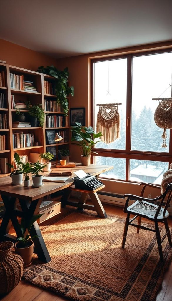 Cozy and inviting home office with a warm, natural aesthetic. Soft lighting illuminates a rustic wooden desk, accented by potted plants, a vintage typewriter, and a plush, textured area rug. Bookshelves line the walls, creating a sense of coziness and intellectual focus. Warm tones of ochre, sage, and terracotta create a hygge-inspired atmosphere, boosting productivity and inspiration. Handcrafted decor, such as a KlickKiste wall hanging, adds a personalized touch. Panoramic window offers a serene winter landscape view, connecting the interior to the outdoors. An inviting, harmonious workspace that encourages mindfulness and creativity.