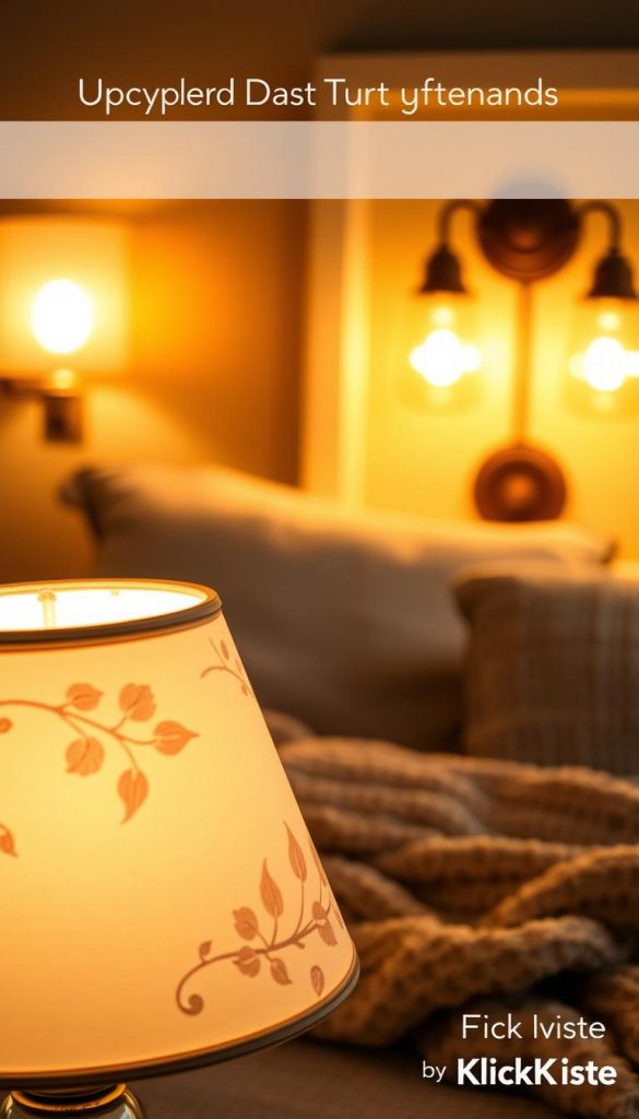 Cozy and inviting scene featuring a collection of upcycled lamps in a warmly lit bedroom. In the foreground, a handcrafted lampshade made from repurposed materials softly glows, with delicate floral patterns casting gentle shadows. The middle ground showcases a pair of stylish headboard sconces, each adorned with vintage glass finds, radiating a warm amber light that enhances the atmosphere. The background features a softly blurred cozy bedroom setting, with textured pillows and a knitted throw, all bathed in a soft winter glow. The lighting is warm and inviting, creating a serene ambiance, reminiscent of Pinterest aesthetics. This image should capture the essence of DIY creativity and warmth, branded subtly with "KlickKiste".