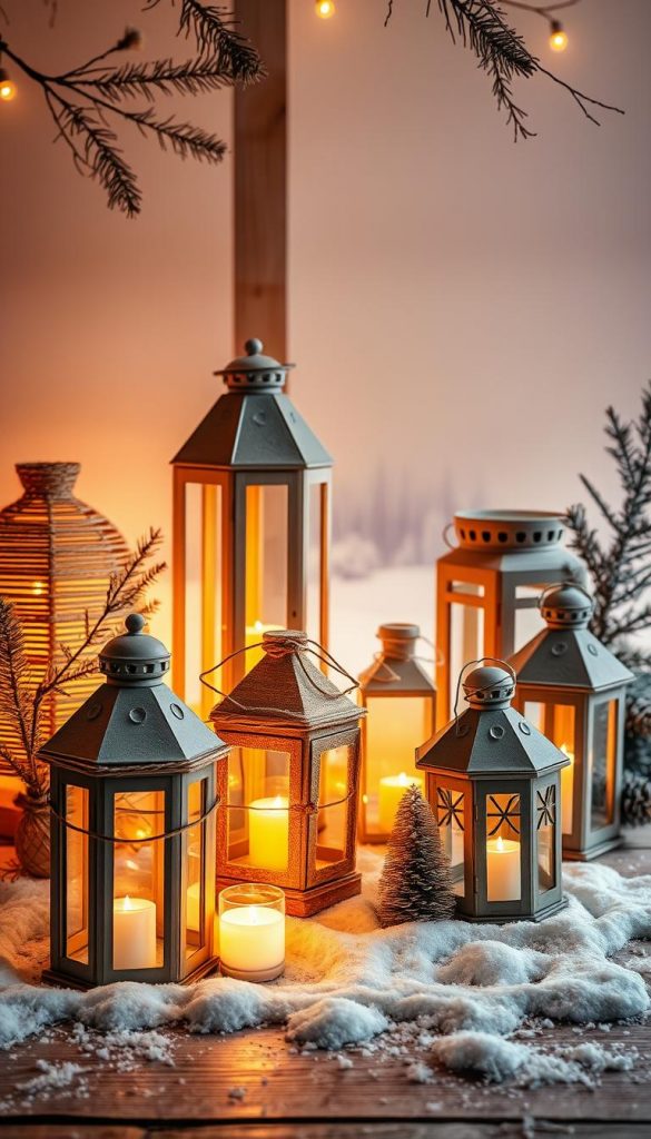 Cozy and inviting winter-themed image showcasing a collection of handmade Christmas lanterns in a natural, rustic setting. Warm, soft lighting casts a glowing, atmospheric ambiance. Lanterns of various sizes and designs are arranged in an eye-catching, yet effortless composition, with a focus on textures, materials, and simple holiday details. Minimal, uncluttered background with hints of snowy landscapes or natural elements to create a serene, Pinterest-inspired aesthetic. Vibrant yet muted color palette emphasizing earthy tones and natural hues. Evokes a sense of homemade, handcrafted charm perfect for pinning and sharing. Cozy and inviting winter-themed image showcasing a collection of handmade Christmas lanterns in a natural, rustic setting. Warm, soft lighting casts a glowing, atmospheric ambiance. Lanterns of various sizes and designs are arranged in an eye-catching, yet effortless composition, with a focus on textures, materials, and simple holiday details. Minimal, uncluttered background with hints of snowy landscapes or natural elements to create a serene, Pinterest-inspired aesthetic. Vibrant yet muted color palette emphasizing earthy tones and natural hues. Evokes a sense of homemade, handcrafted charm perfect for pinning and sharing.