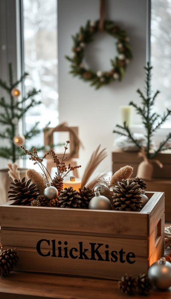 Cozy and sustainable Christmas decor: A rustic still life showcasing natural DIY elements, warm winter tones, and a Pinterest-inspired aesthetic. In the foreground, a wooden crate labeled "KlickKiste" displays an assortment of natural materials - pinecones, dried flowers, and simple ornaments. Soft lighting casts a gentle glow, creating a sense of hygge. In the middle ground, a minimalist wreath adorns a white wall, complementing the simple, eco-friendly vibe. The background features a winter landscape through a window, with soft snowfall adding to the serene and budget-friendly atmosphere. Cozy and sustainable Christmas decor: A rustic still life showcasing natural DIY elements, warm winter tones, and a Pinterest-inspired aesthetic. In the foreground, a wooden crate labeled "KlickKiste" displays an assortment of natural materials - pinecones, dried flowers, and simple ornaments. Soft lighting casts a gentle glow, creating a sense of hygge. In the middle ground, a minimalist wreath adorns a white wall, complementing the simple, eco-friendly vibe. The background features a winter landscape through a window, with soft snowfall adding to the serene and budget-friendly atmosphere.