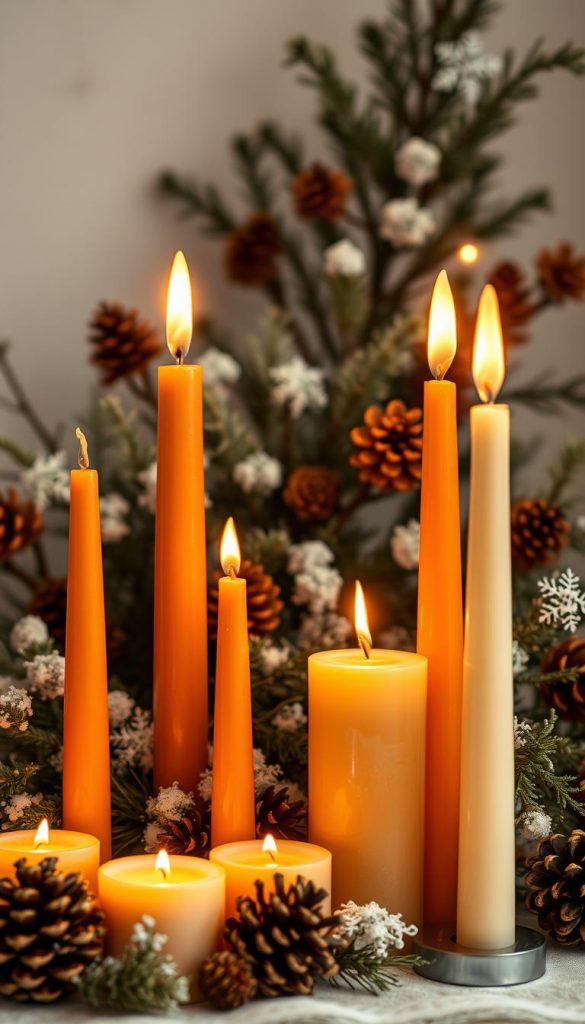 Cozy arrangement of lush, natural taper candles in varying heights, sizes, and hues of warm amber, burnt orange, and rich vanilla cream. Candles set against a backdrop of delicate winter foliage, pinecones, and glistening snowflakes. Soft, diffused lighting casts a gentle glow, creating a serene and inviting ambiance. The scene exudes a sense of hygge, with a rustic, handcrafted aesthetic and a touch of whimsy. Capturing the essence of advent, this image evokes feelings of comfort, tradition, and the magic of the winter season.