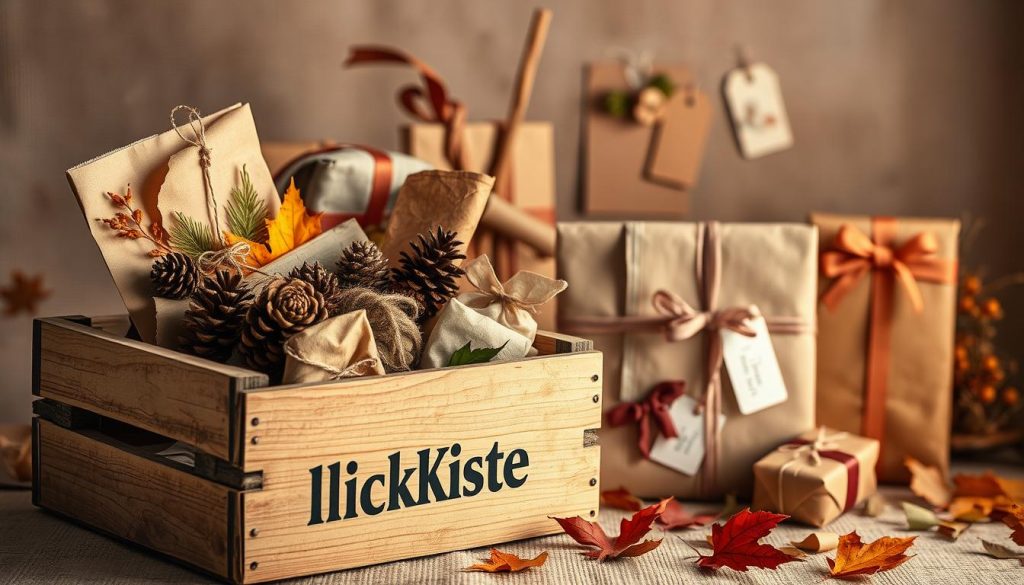 Cozy autumnal scene with sustainable gift wrapping made from natural materials. Rustic wooden crate labeled "KlickKiste" in the foreground, filled with kraft paper, twine, pinecones, and dried leaves. Mid-ground showcases handmade gift tags, bows, and ribbons crafted from recycled paper and fabric scraps. Soft, warm lighting casts a gentle glow over the composition, evoking a serene, homemade feel. The background features a minimal, nature-inspired backdrop with earthy tones and subtle textures. An inviting, eco-friendly display that captures the essence of sustainable seasonal gifting.