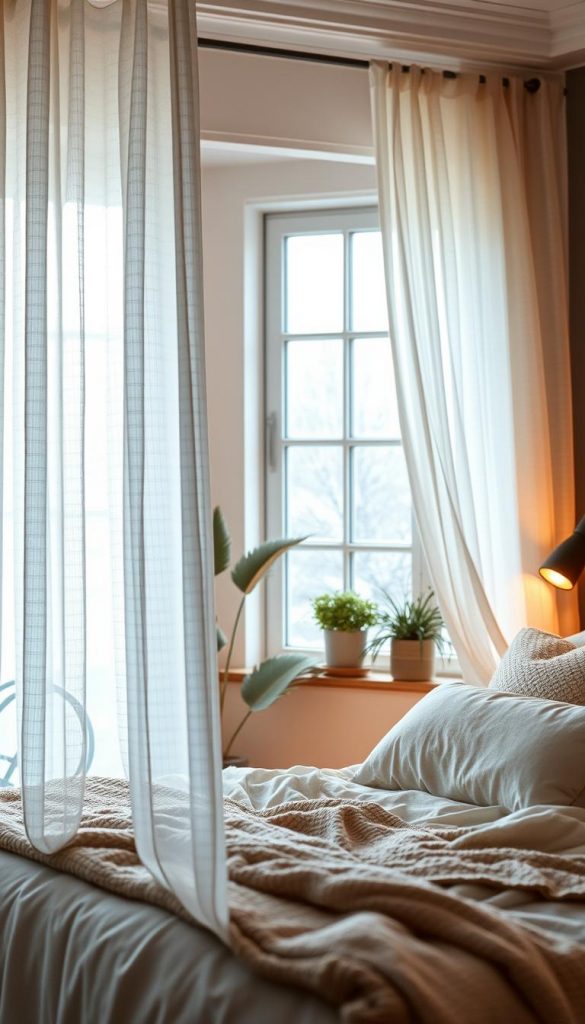 Cozy bedroom ambiance featuring medium-sheer and opaque curtains gracefully hanging by a window. The foreground showcases delicate fabric patterns, allowing soft, diffused daylight to spill into the room, creating a warm and inviting atmosphere. In the middle, a beautifully styled bed with neutral tones, plush pillows, and a textured throw contributes to the overall comfort. The background reveals a hint of winter vibes, with frosty windowpanes and natural elements like potted plants. Warm lighting casts a gentle glow, enhancing the inviting feel of a Pinterest-inspired decor. Captured with a soft-focus lens at a slight angle to emphasize depth. Inspired by KlickKiste, the image radiates authenticity and tranquility, perfect for illustrating the serene concept of bedroom curtains.