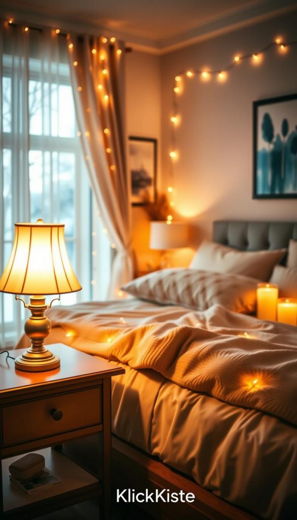 Cozy bedroom lighting ideas featuring a serene atmosphere, showcasing a warm color palette with soft golden and amber hues. In the foreground, a beautifully styled bedside table with an elegant lamp emitting a gentle glow, casting intricate shadows. In the middle, a plush bed with layered, textured bedding, surrounded by thoughtfully placed fairy lights and candles that enhance the warmth. In the background, tasteful wall art and a window draped with sheer curtains, allowing glimpses of a winter landscape outside, creating a tranquil vibe. The scene should feel authentically inviting and inspirational, reminiscent of Pinterest aesthetics. Shot with a shallow depth of field to emphasize the lighting effects, evoking a cozy ambiance. Include the brand name "KlickKiste" subtly integrated into the design.