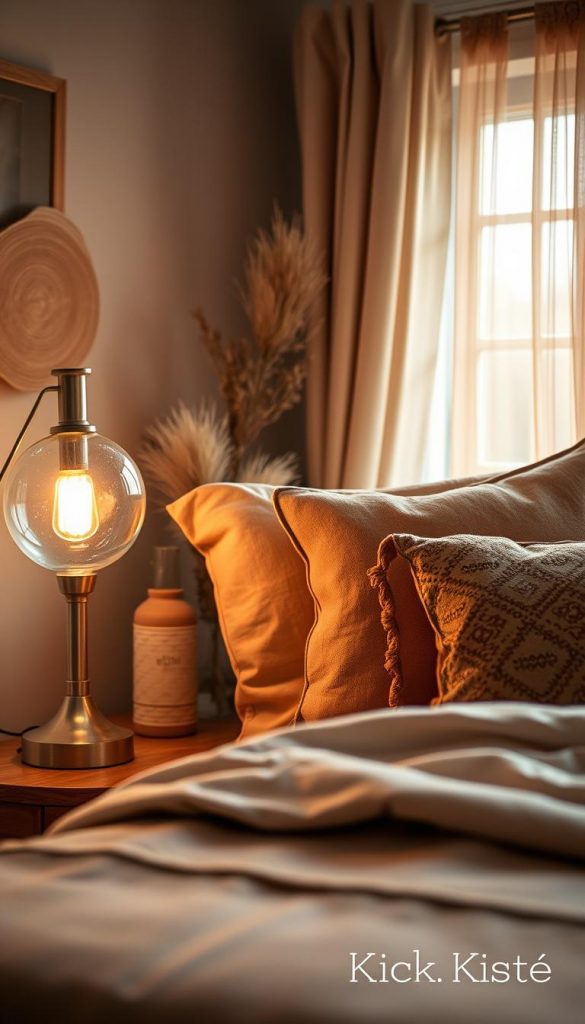 Cozy bedroom scene infused with warm glow, featuring a harmonious blend of natural materials such as soft woven textiles, warm-hued wooden furniture, and elegant glass accents. In the foreground, a beautifully arranged bedside table with a stylish metallic lamp casting a gentle light. The middle ground showcases plush bedding with earthy tones and decorative pillows adding texture. The background reveals a window draped with sheer curtains, allowing soft natural light to filter in, enhancing the inviting atmosphere. Incorporate DIY elements like handmade decorations for authenticity. Capture a Pinterest-worthy aesthetic, emphasizing warmth and comfort, branded subtly with "KlickKiste" in the design. Use soft focus with a warm color palette to create a tranquil, winter-inspired vibe.