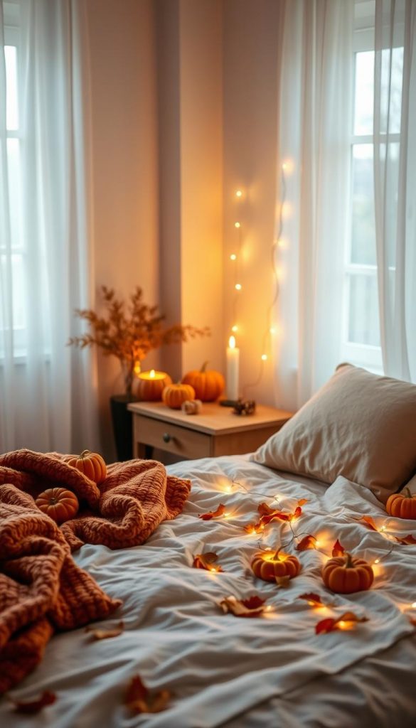 Cozy bedroom scene showcasing "Herbst Lichterketten glow" for a warm autumn atmosphere. In the foreground, a beautifully arranged bed with soft, textured throws in deep oranges and browns. Scattered on the bed are small pumpkins and dried leaves. In the middle, a wooden bedside table adorned with a flickering candle and a string of glowing fairy lights draping gracefully across the tabletop, casting a warm, inviting luminance. The background features a softly lit window with sheer curtains, allowing gentle natural light to filter through, giving the room a serene, cozy feel. The overall ambiance is intimate and inspiring, evoking the spirit of seasonal DIY projects by KlickKiste, with warm colors and a Pinterest-worthy aesthetic. Capture the scene with a soft focus lens and warm lighting to enhance the tranquil mood.