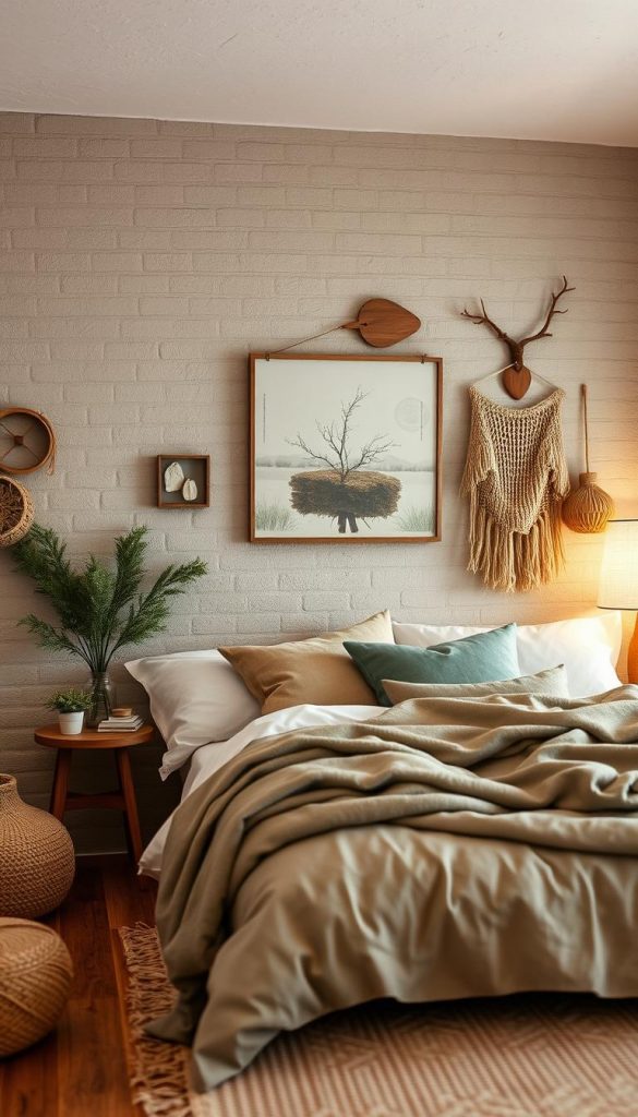 Cozy bedroom walls with a rustic, natural charm. Featuring a textured, earthy palette of warm neutrals and muted greens, complemented by accents of rich wood tones. Soft lighting casts a gentle glow, creating an inviting, winter-inspired ambiance. Organic materials like stone, linen, and jute add depth and tactile interest. Artful, DIY-inspired wall decor in a Pinterest-worthy aesthetic. Captured with a soft, hazy lens for a dreamy, authentic feel. KlickKiste. Cozy bedroom walls with a rustic, natural charm. Featuring a textured, earthy palette of warm neutrals and muted greens, complemented by accents of rich wood tones. Soft lighting casts a gentle glow, creating an inviting, winter-inspired ambiance. Organic materials like stone, linen, and jute add depth and tactile interest. Artful, DIY-inspired wall decor in a Pinterest-worthy aesthetic. Captured with a soft, hazy lens for a dreamy, authentic feel. KlickKiste.