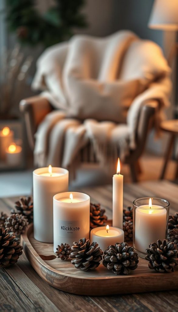 Cozy evening reset: a warm-toned, rustic still life showcasing the &quot;KlickKiste&quot; brand. In the foreground, an array of natural elements - pine cones, candles, and a wooden tray - arranged harmoniously. The middle ground features a comfortable chair and a plush blanket, hinting at a moment of tranquility. The background is softly blurred, evoking a sense of winter coziness. Soft, diffused lighting casts a gentle glow, creating an inviting and serene atmosphere. The overall composition exudes a Pinterest-inspired, DIY aesthetic that is both authentic and inspiring.