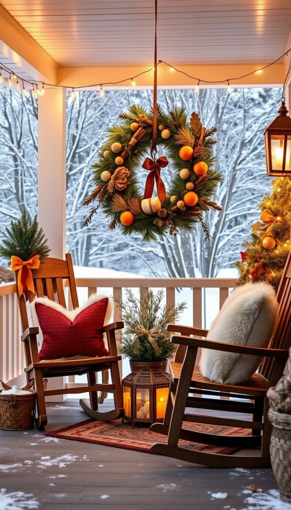 Cozy front porch adorned with a rustic KlickKiste wreath, featuring natural elements like pine branches, dried oranges, and cinnamon sticks. Twinkling string lights cast a warm glow, complementing the plush throw pillows and inviting wooden rocking chairs. In the background, a crisp winter landscape with snow-dusted trees sets the seasonal mood. The overall aesthetic is a harmonious blend of farmhouse charm and festive winter wonder, creating an enchanting and welcoming entryway.