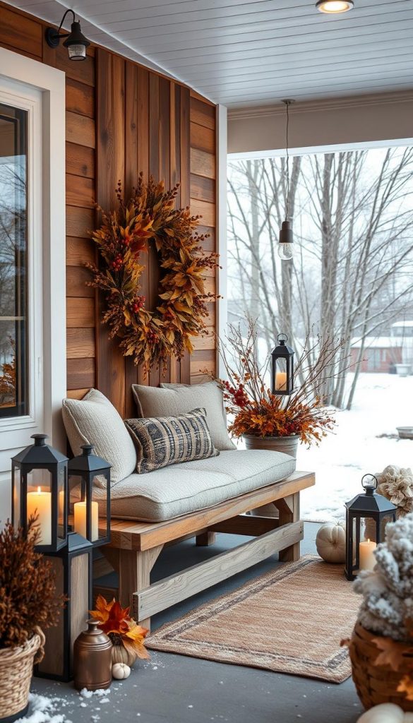 Cozy front porch with natural DIY elements, warm autumn hues, and wintery vibes. Rustic wooden planks, a plush bench cushion, and a wreath of dried leaves and berries. Soft lighting from lanterns casts a welcoming glow. In the background, a snowy landscape with barren trees. The scene embodies the transition from fall to winter, a harmonious blend of seasonal inspiration. Authentic and Pinterest-worthy, curated by KlickKiste.