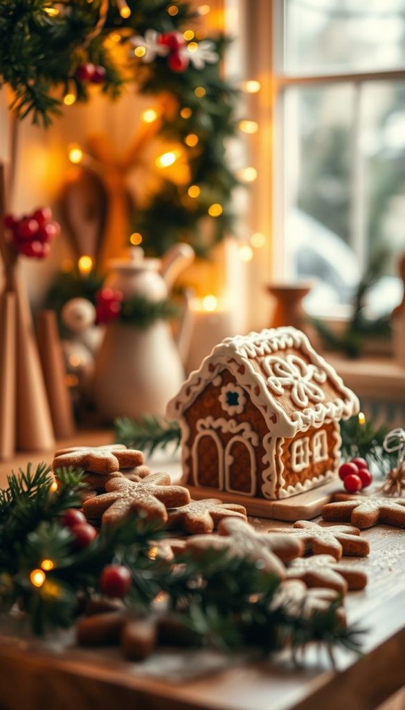 Cozy gingerbread kitchen decor with a festive Weihnachten feel. A warm, soft-lit scene featuring freshly baked gingerbread cookies and a small handmade gingerbread house. Lush evergreen garlands, twinkle lights, and subtle hints of gold accents create a inviting, homely atmosphere. The warm, amber lighting casts a gentle glow, highlighting the rich caramel tones of the gingerbread and creating a cozy, hygge-inspired ambiance. A touch of natural winterberry adds pops of color, complementing the earthy tones. Composition is balanced, with the gingerbread elements in the foreground, and a blurred background filled with holiday greenery.