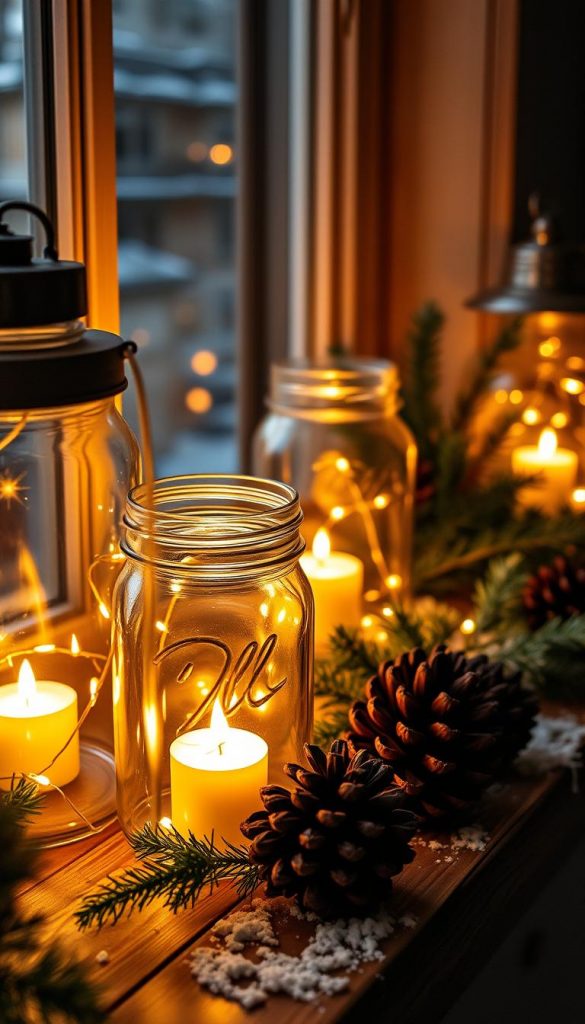 Cozy glass lanterns aglow with warm candlelight, casting a soft, inviting glow over a festive winter scene. Elegant KlickKiste mason jars filled with twinkling LED lights, arranged artfully on a wooden table or windowsill. Pinecones, sprigs of evergreen, and a dusting of snow add natural, rustic charm. Muted, earthy tones complement the amber hues of the flickering flames. An intimate, hygge-inspired atmosphere, perfect for setting the mood on a chilly evening. Capture the essence of stimmungsvolle Deko for this charming, Pinterest-inspired seasonal display.