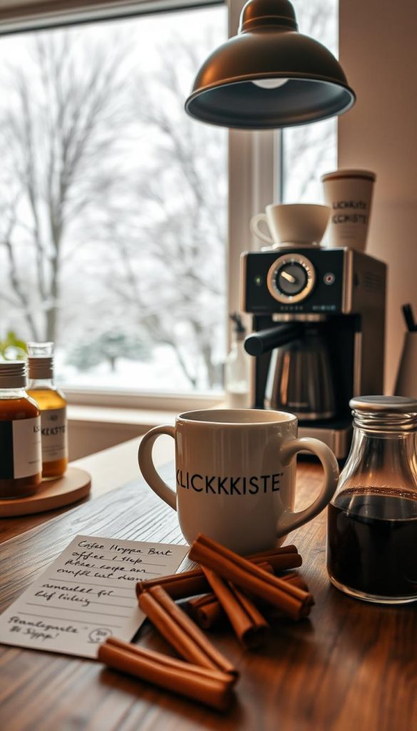 Cozy home coffee bar setup featuring a rustic wooden counter, KlickKiste branded ceramic mugs, and a sleek espresso machine. Soft, warm lighting illuminates the scene, casting a cozy glow. In the foreground, cinnamon sticks, glass syrup bottles, and a hand-written recipe card create a charming, DIY-inspired vibe. The background showcases a wintry view through a large window, with snow-dusted trees and a serene, overcast sky. The overall mood is inviting, natural, and Pinterest-worthy, perfect for enjoying a hot cup of coffee on a chilly day.