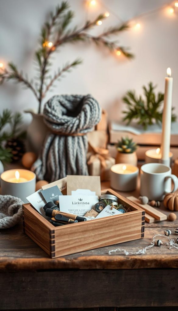 Cozy, intimate still life of a collection of small, thoughtful gifts arranged on a rustic wooden surface. Soft, warm lighting from natural sources like candles or fairy lights casts a comforting glow. In the foreground, a hand-crafted KlickKiste box filled with assorted trinkets, small personal items, and practical everyday essentials. In the middle ground, a few other artisanal, homemade gifts like a knitted scarf, a ceramic mug, and a small potted plant. The background features a winter-inspired, minimalist backdrop with hints of greenery and natural textures. The overall scene radiates a sense of hygge and conveys the sentiment of &quot;kleine Dinge, die jeden Tag Freude machen&quot;.