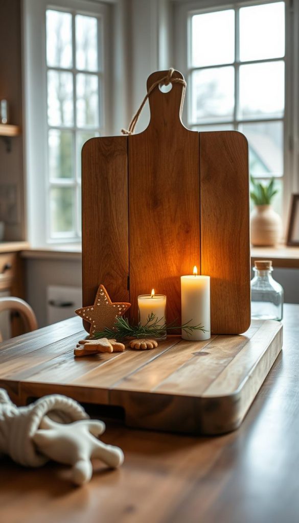 Cozy kitchen centerpiece with a rustic wooden "platz" cutting board. Soft natural lighting from large windows highlights the board's aged, weathered texture. Delicate gingerbread accents, a sprig of fresh greenery, and a glowing candle add warmth and charm. The scene conveys a sense of simple, homey comfort - an inviting focal point for a small, well-organized kitchen space. The overall aesthetic is authentic, inspirational, and Pinterest-worthy.