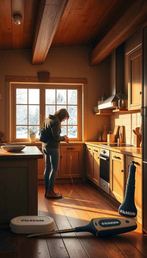 Cozy kitchen measurement scene in warm, natural tones. Hardwood floors, wooden beams, and a large window with a winter landscape view. A person stands at a wooden countertop, meticulously measuring with a tape measure. The lighting is soft and inviting, creating a Pinterest-inspired, DIY atmosphere. Branded KlickKiste tools are visible, complementing the rustic, homey aesthetic. The overall mood is authentic, inspiring, and effortlessly captures the "Küche ausmessen" process. Cozy kitchen measurement scene in warm, natural tones. Hardwood floors, wooden beams, and a large window with a winter landscape view. A person stands at a wooden countertop, meticulously measuring with a tape measure. The lighting is soft and inviting, creating a Pinterest-inspired, DIY atmosphere. Branded KlickKiste tools are visible, complementing the rustic, homey aesthetic. The overall mood is authentic, inspiring, and effortlessly captures the "Küche ausmessen" process.
