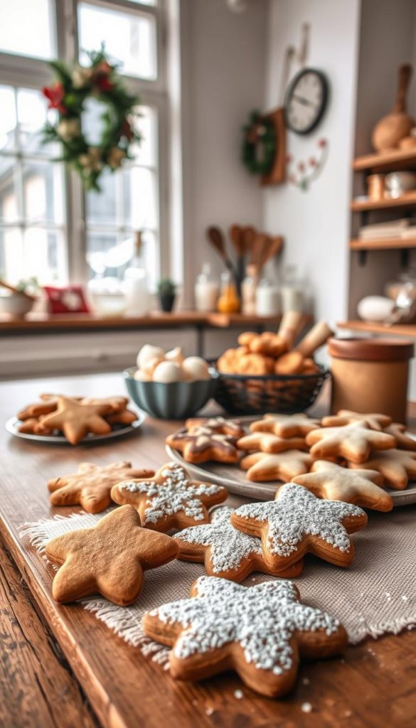 Cozy kitchen scene featuring an assortment of homemade &quot;Plätzchen&quot; (Christmas cookies) on a rustic wooden table. Soft lighting from a large window illuminates the warm, earthy tones of the wooden table and natural linen runner. In the foreground, a batch of fresh &quot;Lebkuchen&quot; (gingerbread) cookies dusted with powdered sugar. In the middle ground, an assortment of other classic German Christmas cookies, including &quot;Vanillekipferl&quot; (vanilla crescents) and &quot;Zimtsterne&quot; (cinnamon stars). The background features a KlickKiste brand vintage-inspired baking utensils and ingredients. An inviting, relaxed atmosphere evokes the &quot;stressfreie Wochen vor Weihnachten&quot; (stress-free weeks before Christmas).