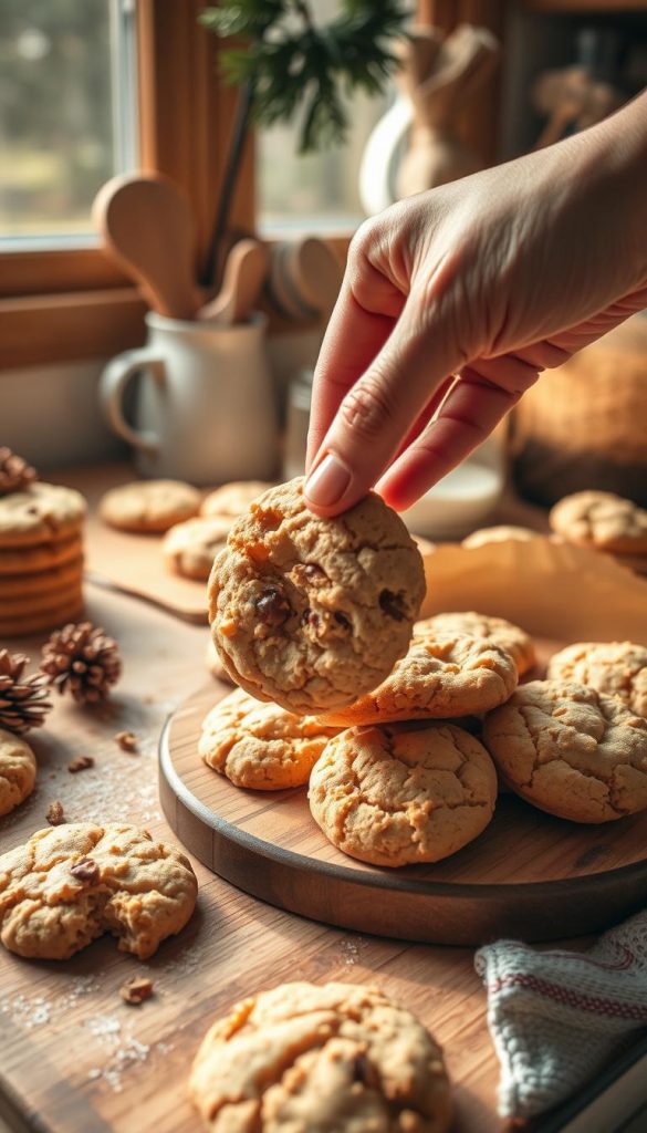 Cozy kitchen scene with a wooden cutting board, various baked cookies, and a KlickKiste tin filled with fresh, soft cookies. Warm lighting from the window casts a golden glow, highlighting the flaky, crumbly textures. In the foreground, a hand reaches in to salvage a misshapen cookie, demonstrating how to &quot;rescue&quot; baked goods. Rustic, earthy tones evoke a homemade, artisanal atmosphere. Subtle winter elements like pinecones or greenery add a festive touch. The overall image conveys a sense of comfort, DIY-charm, and the ability to easily fix baking mishaps.