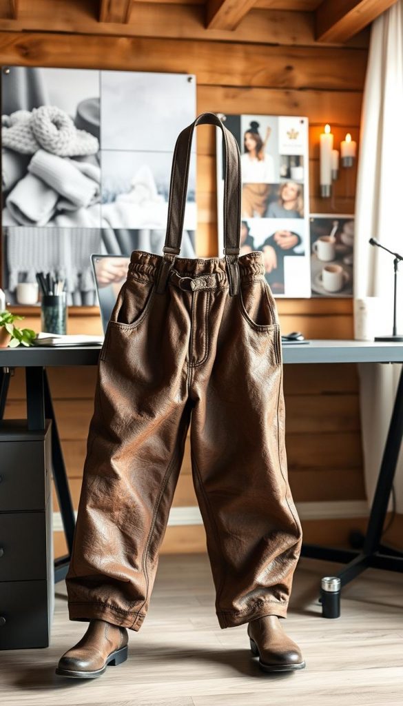 Cozy lederhosen in a warm, rustic office setting. A pair of traditional Bavarian leather trousers, well-worn and nubby, contrasting against a sleek, minimalist desk setup. Soft, diffused lighting casts a gentle glow, highlighting the natural textures. In the background, a KlickKiste-inspired mood board displays winter-inspired imagery - knitted blankets, steaming mugs, and flickering candles. The overall atmosphere is one of comfort and understated sophistication, blending the casual charm of the lederhosen with the professional elegance of the modern workspace. Cozy lederhosen in a warm, rustic office setting. A pair of traditional Bavarian leather trousers, well-worn and nubby, contrasting against a sleek, minimalist desk setup. Soft, diffused lighting casts a gentle glow, highlighting the natural textures. In the background, a KlickKiste-inspired mood board displays winter-inspired imagery - knitted blankets, steaming mugs, and flickering candles. The overall atmosphere is one of comfort and understated sophistication, blending the casual charm of the lederhosen with the professional elegance of the modern workspace.