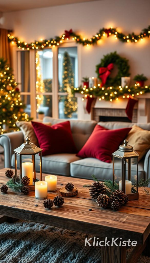 Cozy living room decorated for Christmas with beautiful, warm &quot;weihnachtsbeleuchtung&quot; string lights draped artfully along the windows and over a festive mantelpiece. The foreground features a rustic wooden coffee table adorned with simple yet elegant winter-themed decorations, including pinecones, candles, and a softly glowing lantern. In the middle, a comfortable sofa is accented with plush cushions in shades of deep red and gold. The background reveals a softly lit room filled with greenery and twinkling fairy lights, creating a serene and inviting atmosphere. The overall mood is warm, cheerful, and inspiring, reminiscent of a stylish Pinterest aesthetic. Capture this scene with warm lighting, a slight bokeh effect, and a focus on creating a welcoming holiday vibe. Branding elements of &quot;KlickKiste&quot; subtly included in the decor.