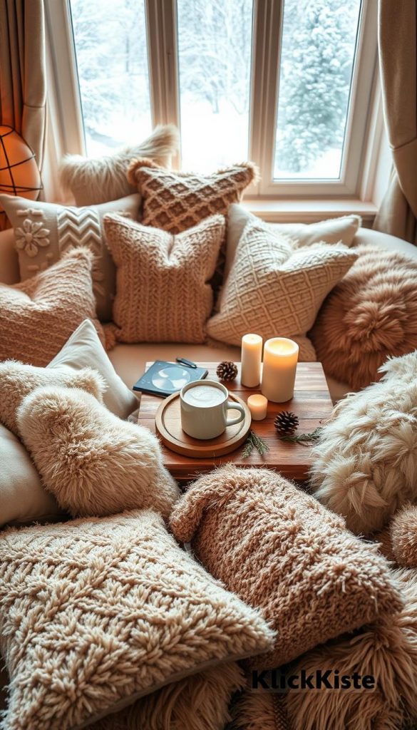 Cozy living room setting featuring an array of soft, textured cushions and warm, fluffy blankets, embodying winter vibes in a Pinterest-worthy aesthetic. The foreground showcases a variety of cushions in different patterns and shades of cream, beige, and soft earth tones, layered on a plush, inviting sofa draped with a faux fur throw. In the middle, a rustic wooden coffee table holds a steaming cup of hot cocoa and a few seasonal decor items such as pinecones and candles. The background reveals a softly lit window with gentle snow falling outside, casting a serene ambiance. The warm lighting adds an inviting glow, enhancing the relaxed and comfortable atmosphere. This scene is designed for &quot;KlickKiste&quot;, evoking authenticity and inspiration for instant coziness.