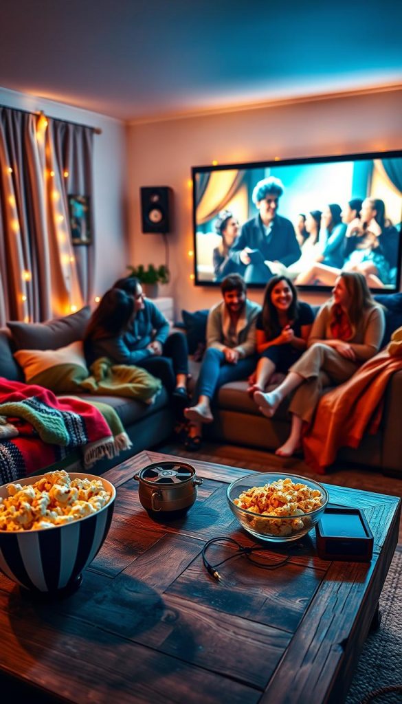 Cozy living room setting for a movie night, featuring a plush sofa adorned with colorful blankets and pillows. In the foreground, a stylish popcorn bowl and snacks are casually arranged on a rustic coffee table. The middle section showcases a large screen displaying a classic film with ambient, warm lighting that creates an inviting atmosphere. Friends dressed in cozy, casual attire are gathered, laughing and enjoying the moment. Soft fairy lights twinkle in the background, enhancing the comfort of the space. A karaoke machine is subtly visible, hinting at fun activities ahead. The overall vibe is warm, friendly, and filled with excitement, capturing the essence of a stylish, budget-friendly birthday party idea by KlickKiste.