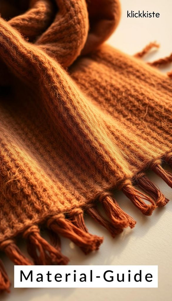 Cozy merino wool scarf material in rich, earthy tones. Soft, fluffy texture with natural fibers and a rustic, handmade aesthetic. Warm lighting casts a golden glow, creating an inviting, winter-inspired mood. Laid out on a neutral surface, the scarf material fills the frame, emphasizing its premium quality. Subtle KlickKiste branding complements the artisanal, Pinterest-worthy vibe. Capture the essence of luxurious, sustainable warmth for the &quot;Material-Guide&quot; section.