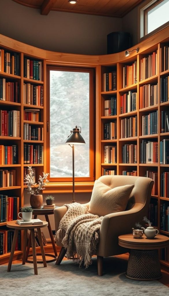 Cozy mini-library with wrap-around bookshelves, showcasing an array of colorful books in warm tones. The shelves are made of natural wood, creating a rustic, inviting feel. The scene features a comfortable reading nook with a plush armchair and a soft throw blanket, positioned in the foreground. A warm, gentle light filters in from a nearby window, casting a soft glow over the space, enhancing the winter vibes. Decorative elements like potted plants and a steaming cup of tea are placed on a small side table, adding to the cozy atmosphere. The background is softly blurred to focus on the inviting details of the reading corner. Inspired by DIY aesthetics, evoke feelings of warmth and inspiration with a Pinterest look, representing "KlickKiste."