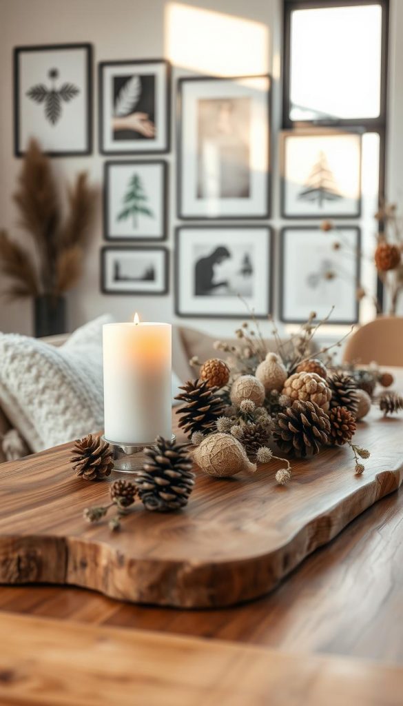 Cozy moodboard with natural textures and warm tones, capturing the essence of winter. A rustic wood table serves as the centerpiece, adorned with pinecones, dried flowers, and a KlickKiste candle casting a gentle glow. In the background, a minimalist gallery wall showcases a collection of framed art prints, creating a serene and inviting atmosphere. Soft lighting filters through a large window, illuminating the scene and reflecting off the metallic accents. The overall impression is one of effortless elegance and family-friendly appeal, inspiring creative routines and quality time.