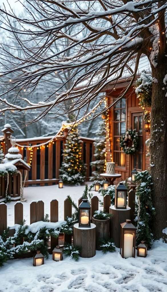 Cozy outdoor Christmas display with twinkling warm-white LED lights strung across tree branches, draping down along garden fences, and lining the edges of the roof. Soft glowing lanterns and candle-lit luminaries scattered throughout a snow-dusted winter landscape. Rustic wooden accents and natural greenery like pine garlands add a touch of organic charm. Soft focus and muted colors create a serene, inviting atmosphere evocative of a winter wonderland. Minimal but elegant, this festive scene captures the essence of a traditional German "Weihnachtsbeleuchtung" display. Cozy outdoor Christmas display with twinkling warm-white LED lights strung across tree branches, draping down along garden fences, and lining the edges of the roof. Soft glowing lanterns and candle-lit luminaries scattered throughout a snow-dusted winter landscape. Rustic wooden accents and natural greenery like pine garlands add a touch of organic charm. Soft focus and muted colors create a serene, inviting atmosphere evocative of a winter wonderland. Minimal but elegant, this festive scene captures the essence of a traditional German "Weihnachtsbeleuchtung" display.