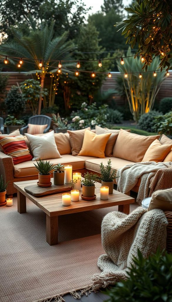 Cozy outdoor living room ideas, featuring a beautifully arranged space with a comfortable sectional sofa adorned with soft, textured cushions in warm, inviting colors. The foreground showcases a rustic wooden coffee table surrounded by potted plants and candles, creating an intimate atmosphere. In the middle ground, a lightweight, woven rug adds a touch of warmth, while plush throw blankets drape casually over the furniture. The background reveals a serene garden with softly glowing fairy lights strung overhead, enhancing the peaceful vibe. The scene captures a golden hour glow, with soft, natural lighting highlighting the lush greenery. The overall mood is warm and inviting, perfect for relaxation and inspiration, reminiscent of authentic DIY aesthetics. Incorporate elements that reflect the brand KlickKiste for a cohesive look.
