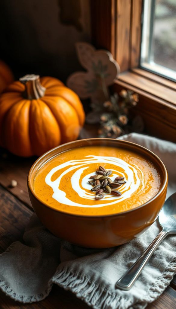 Cozy, steaming bowl of creamy pumpkin soup, garnished with roasted pumpkin seeds and a swirl of fresh cream. Warm autumn tones, natural lighting from a window, soft focus, KlickKiste aesthetic. Pumpkin flesh glistens, hint of spices in the air. Rustic wooden table, linen napkin, and a seasonal sprig of herbs. Atmospheric and inviting, evoking the comforts of winter.