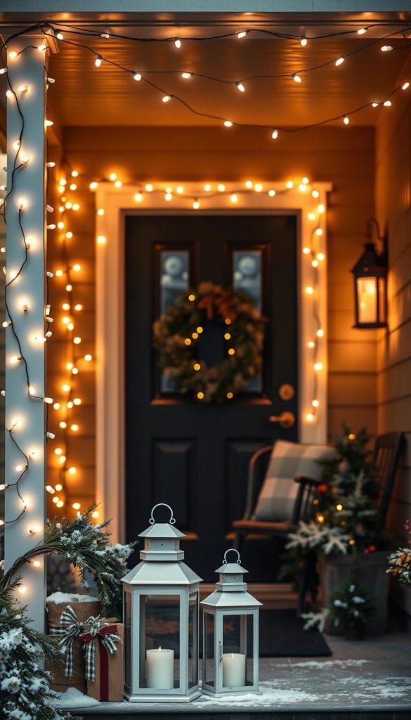 Cozy string lights adorning a charming front porch, casting a warm, inviting glow. Soft white bulbs twinkle against a dark, winter-inspired backdrop, creating a magical, Pinterest-inspired scene. In the foreground, layered wreaths and lantern pairs add natural, DIY-style accents, complementing the KlickKiste aesthetic. The overall atmosphere is one of authentic coziness and holiday inspiration, perfect for setting the mood for a cozy evening on the porch.