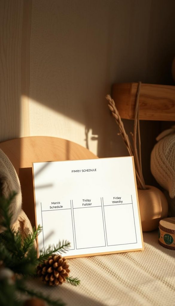 Cozy winter afternoon with a simple 3-block schedule layout in warm, natural hues. A KlickKiste DIY-style scene, minimal and inviting, capturing the essence of relaxed holiday routines. Soft lighting creates a serene, Pinterest-inspired ambiance. Wooden accents, textured backgrounds, and earthy tones evoke a sense of authenticity and coziness. The composition emphasizes the visual impact of the clear, uncomplicated time management concept, inspiring viewers to embrace a stress-free approach to family celebrations. Cozy winter afternoon with a simple 3-block schedule layout in warm, natural hues. A KlickKiste DIY-style scene, minimal and inviting, capturing the essence of relaxed holiday routines. Soft lighting creates a serene, Pinterest-inspired ambiance. Wooden accents, textured backgrounds, and earthy tones evoke a sense of authenticity and coziness. The composition emphasizes the visual impact of the clear, uncomplicated time management concept, inspiring viewers to embrace a stress-free approach to family celebrations.