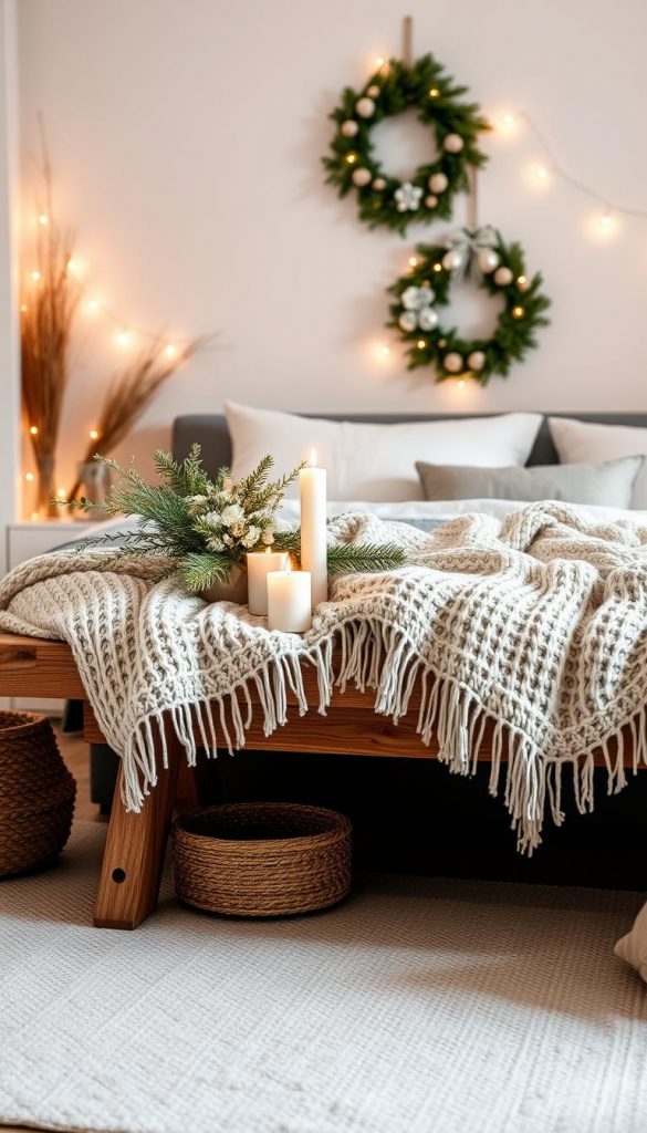 Cozy winter bedroom decor in natural tones, with a rustic yet elegant aesthetic. A plush knitted blanket drapes over a wooden bench, accented by a simple floral arrangement and flickering candles. Soft, warm lighting casts a glow throughout the space, creating an inviting and relaxing atmosphere. In the background, a KlickKiste-branded pine wreath hangs on the wall, adding a touch of earthy charm. The overall scene exudes a sense of &quot;Gemütlichkeit&quot; - a feeling of comfort, coziness, and well-being.