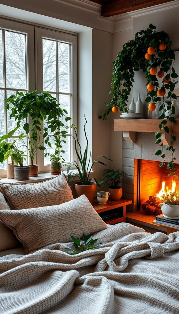 Cozy winter bedroom scene with lush, verdant indoor plants and natural materials. Soft, diffused lighting from large windows and a flickering fireplace casts a warm, inviting glow. Textured woven blankets, plush pillows, and a rustic wooden nightstand create a serene, nature-inspired ambiance. Potted ferns, trailing ivy, and a small citrus tree bring the outdoors in, fostering a sense of tranquility and relaxation. Subtle touches of copper and ceramic accents complement the earthy, minimalist aesthetic. An inviting, Pinterest-worthy retreat to unwind and rejuvenate during the colder months. Cozy winter bedroom scene with lush, verdant indoor plants and natural materials. Soft, diffused lighting from large windows and a flickering fireplace casts a warm, inviting glow. Textured woven blankets, plush pillows, and a rustic wooden nightstand create a serene, nature-inspired ambiance. Potted ferns, trailing ivy, and a small citrus tree bring the outdoors in, fostering a sense of tranquility and relaxation. Subtle touches of copper and ceramic accents complement the earthy, minimalist aesthetic. An inviting, Pinterest-worthy retreat to unwind and rejuvenate during the colder months.