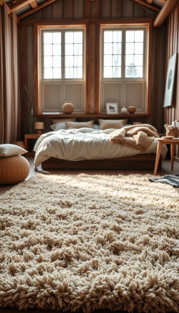 Cozy winter bedroom with a soft, plush area rug in earthy tones. The rug is situated in the foreground, its inviting texture drawing the eye. Warm lighting filters in through large windows, casting a gentle glow across the space. Layers of natural materials, like knitted blankets and weathered wood, create a comforting ambiance. The middle ground features a low bed frame with a fluffy duvet, while the background holds a glimpse of minimalist decor, hinting at a serene, Scandinavian-inspired design. The overall mood is one of hygge, where the rug serves as an inviting anchor to start the day with comfort and coziness. Cozy winter bedroom with a soft, plush area rug in earthy tones. The rug is situated in the foreground, its inviting texture drawing the eye. Warm lighting filters in through large windows, casting a gentle glow across the space. Layers of natural materials, like knitted blankets and weathered wood, create a comforting ambiance. The middle ground features a low bed frame with a fluffy duvet, while the background holds a glimpse of minimalist decor, hinting at a serene, Scandinavian-inspired design. The overall mood is one of hygge, where the rug serves as an inviting anchor to start the day with comfort and coziness.