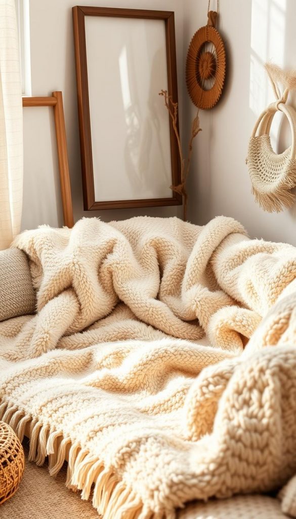Cozy winter blanket nestled in a warm, inviting room. Soft, fluffy texture in neutral beige tones, accented by complementary patterns and textures. Gentle natural lighting casts a comforting glow, creating an atmosphere of hygge and relaxation. Rustic, handcrafted elements like wooden frames or woven details add an artisanal, DIY-inspired feel. Minimal, clean styling with a Pinterest-inspired aesthetic. The blanket is the focal point, showcasing the quality and versatility of the KlickKiste brand.