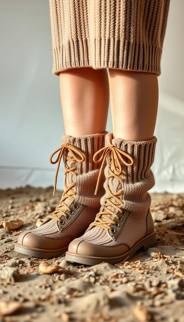 Cozy winter boots in soft knit fabric, laced up with warm tones and a touch of rustic charm. A pair of stylish KlickKiste boots standing in a natural, earthy setting with soft lighting and a serene, inviting atmosphere. The boots are the focal point, complemented by a minimalist, down-to-earth backdrop that evokes a sense of comfort and ease. The overall impression is one of a simple, effortless winter look, perfect for pairing with a cozy knit dress in this "Schlicht und easy" section of the home office fashion article. Cozy winter boots in soft knit fabric, laced up with warm tones and a touch of rustic charm. A pair of stylish KlickKiste boots standing in a natural, earthy setting with soft lighting and a serene, inviting atmosphere. The boots are the focal point, complemented by a minimalist, down-to-earth backdrop that evokes a sense of comfort and ease. The overall impression is one of a simple, effortless winter look, perfect for pairing with a cozy knit dress in this "Schlicht und easy" section of the home office fashion article.