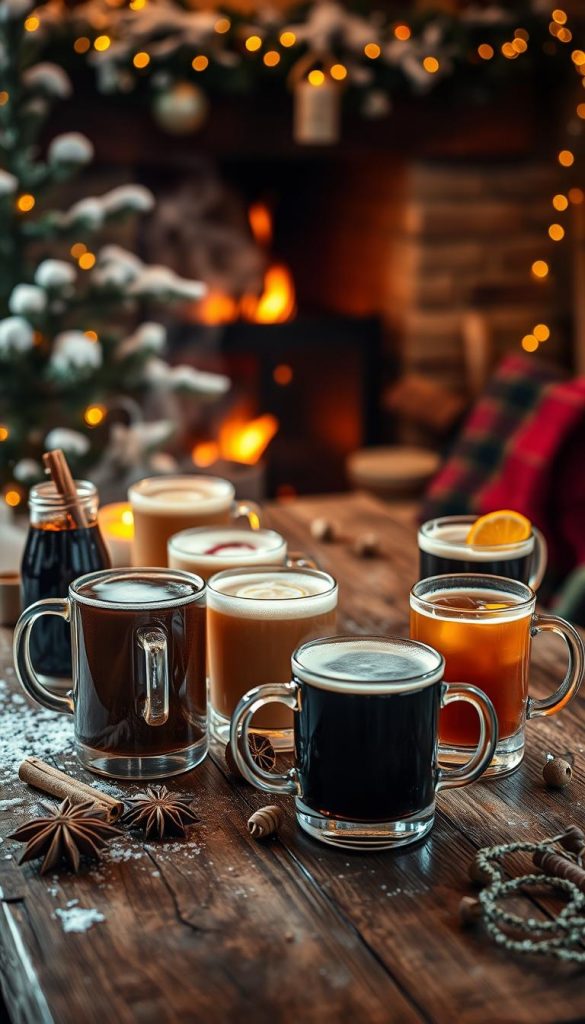Cozy winter cocktails arrayed on a rustic wooden table, bathed in soft, warm lighting. Festive garnishes like cinnamon sticks, star anise, and citrus slices add seasonal flair. Steaming mugs of mulled wine, hot toddies, and Irish coffees take center stage, complemented by a backdrop of snow-dusted pines and a glowing fireplace. The scene exudes a inviting, hygge-inspired atmosphere, perfect for a cozy evening of winter indulgence.