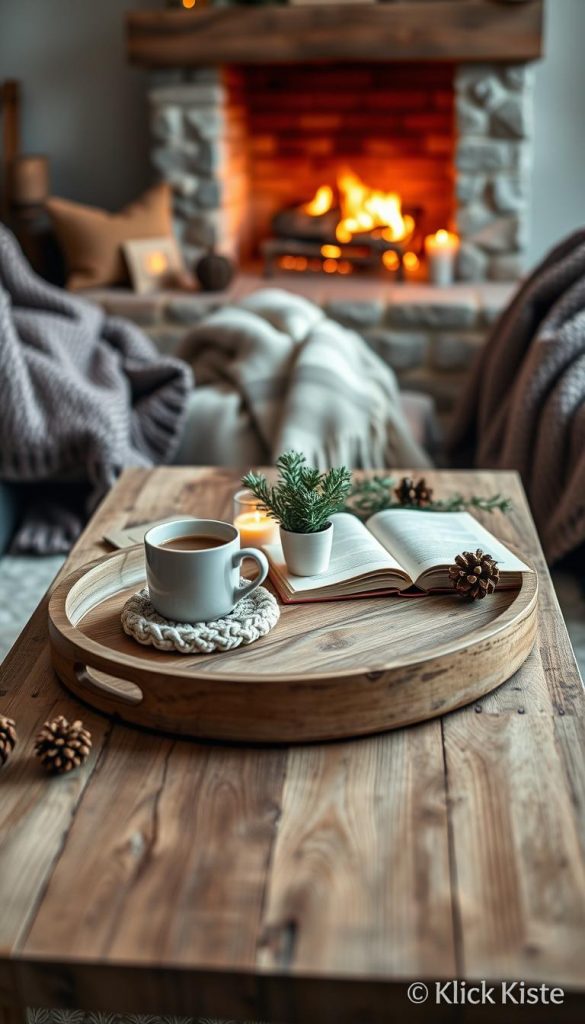 Cozy winter coffee table styling in a warm living room, featuring a beautifully arranged tray at the center. The tray includes a steaming cup of coffee, a thick knitted coaster, a small potted plant, and an open book with a softly lit candle. Surrounding the table are plush blankets and seasonal decorative elements like pinecones and evergreen branches for an inviting atmosphere. The foreground showcases the tray, while the middle ground emphasizes the textured coffee table made of reclaimed wood. In the background, a flickering fireplace adds warmth, with soft, natural lighting creating a peaceful ambiance. The overall mood is cozy and inspiring, reminiscent of a Pinterest-worthy winter scene, attributed to &quot;KlickKiste.&quot;