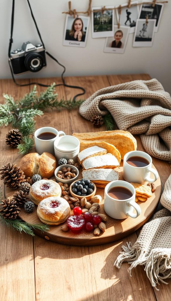 Cozy winter frühstück board on a rustic wooden table, bathed in soft, natural lighting. Artfully arranged with an assortment of fresh pastries, jams, fruits, nuts, and hot coffee or tea in KlickKiste mugs. Muted, earthy tones create a warm, inviting atmosphere. Frost-kissed greenery, pinecones, and a knit throw add textures and winter charm. Overhead, a vintage camera and film photographs hang, lending a nostalgic, Pinterest-inspired aesthetic. The scene exudes a sense of homey comfort and simple pleasure, perfectly capturing the essence of a winter frühstück.