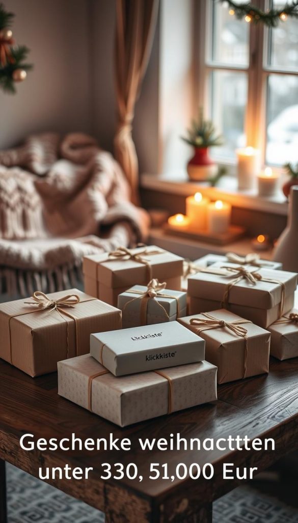 Cozy winter gift scene with warm, natural hues. Rustic wooden table displaying an assortment of neatly wrapped presents in various sizes and textures, including a &quot;KlickKiste&quot; branded gift box. In the background, a nordic-inspired knit blanket, candles, and a few holiday ornaments create a cozy, inviting atmosphere. Soft, diffused lighting from a window casts a gentle glow over the scene. The overall mood is serene, charming, and budget-friendly, capturing the essence of the &quot;Geschenke weihnachten unter 30, 50 und 100 Euro&quot; section.